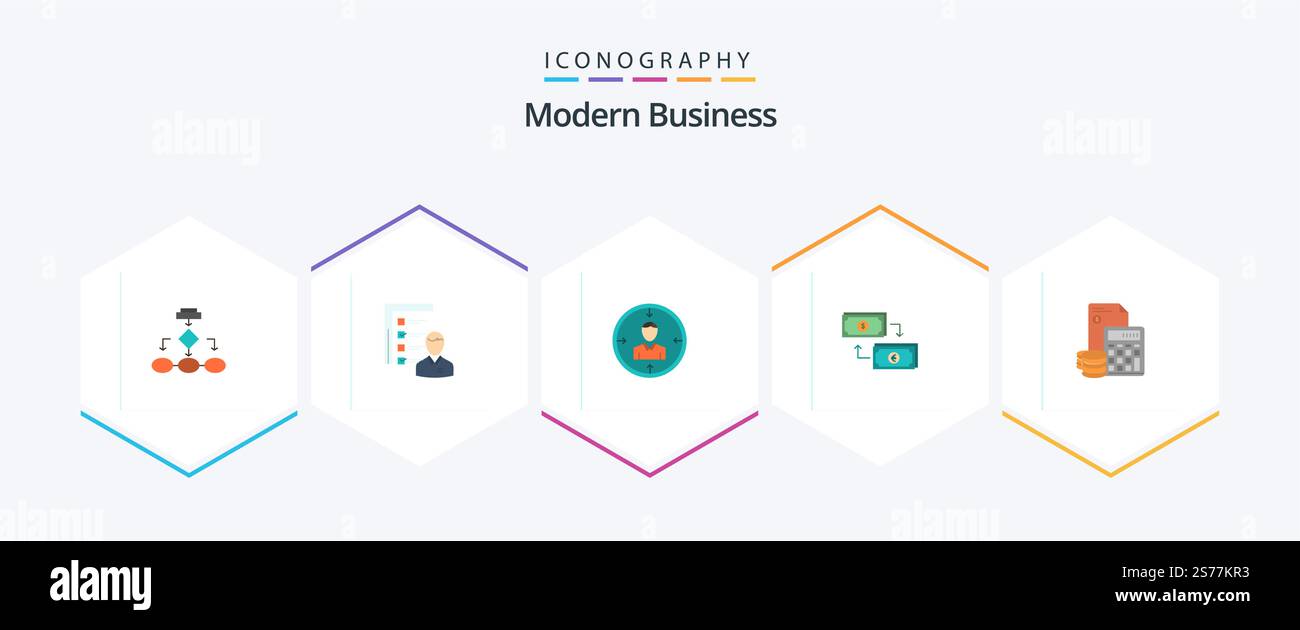 Modernes Business 25 Flat Icon-Paket mit h-Ziel. Fähigkeiten. Fertigkeiten. Mann Stock Vektor