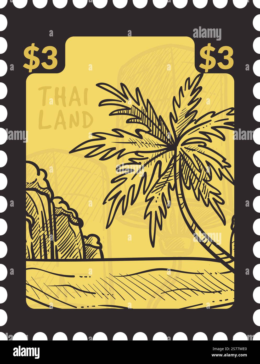 Postkarte oder Stempel mit Touristenziel und Stränden für Sommerurlaub in Thailand. Tropische Natur. Postmarke oder Karte, Postkorrespondenz monochrome Skizzenkontur. Vektor in abgewickelter Form. Thailand Strände und Resorts für Urlaub und Erholung Stock Vektor