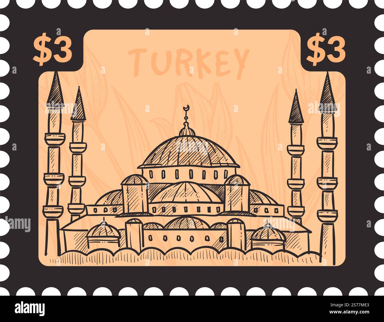 Postkarte oder Poststempel mit dem Preis, der das türkische Stadtbild und die berühmten Sehenswürdigkeiten zeigt. Architektonische Orte der Moschee. Postmarke oder Karte, Postkorrespondenz monochrome Skizzenkontur. Vektor in abgewickelter Form. Türkei Sehenswürdigkeiten und Moscheen, Postkarte oder Markierungsvektor Stock Vektor