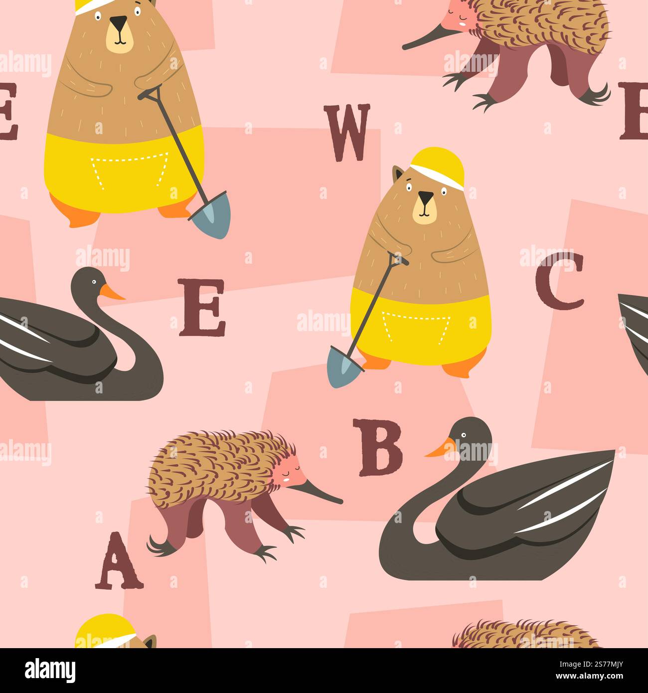 ABC lernen, niedliche Tierfiguren und Buchstaben, Alphabetunterricht. Schwan und Bär mit Schaufel, Fauna und Artenvielfalt. Nahtloser Druck von Mustern, Hintergrundbildern oder Hintergrundbildern. Vektor in abgewickelter Form. Niedliche Tiere mit abc-Buchstaben für Lernmuster Stock Vektor
