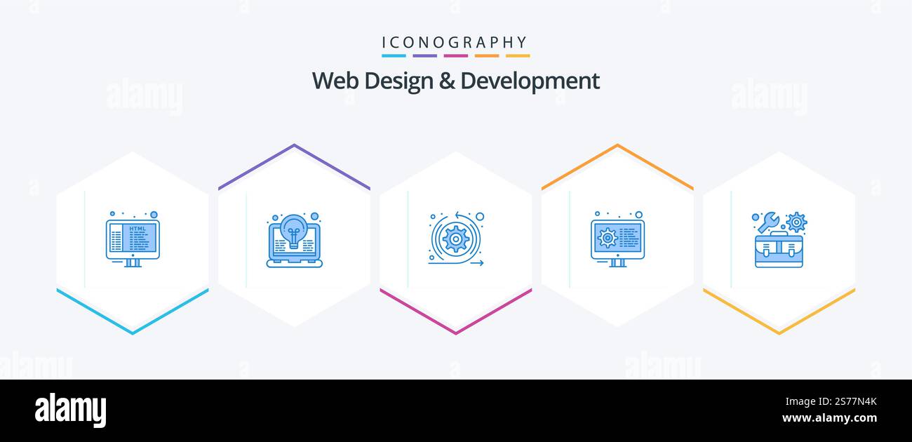 Web Design and Development 25 blaues Symbolpaket mit Kit. Zahnrad. Licht. Entwicklung. Sprint Stock Vektor