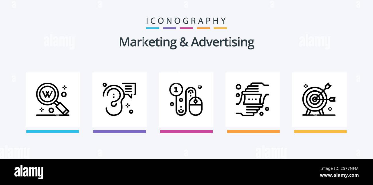 Marketing- und Werbelinie 5 Icon Pack mit Film. Film. rang. Text. suchen. Kreatives Symboldesign Stock Vektor