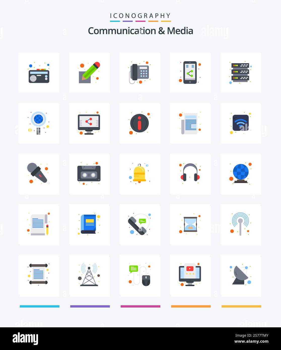 Kreative Kommunikation und Media 25 Flat Symbolpaket wie Datenbank. Teilen. Skript. Medien. Telefon Stock Vektor