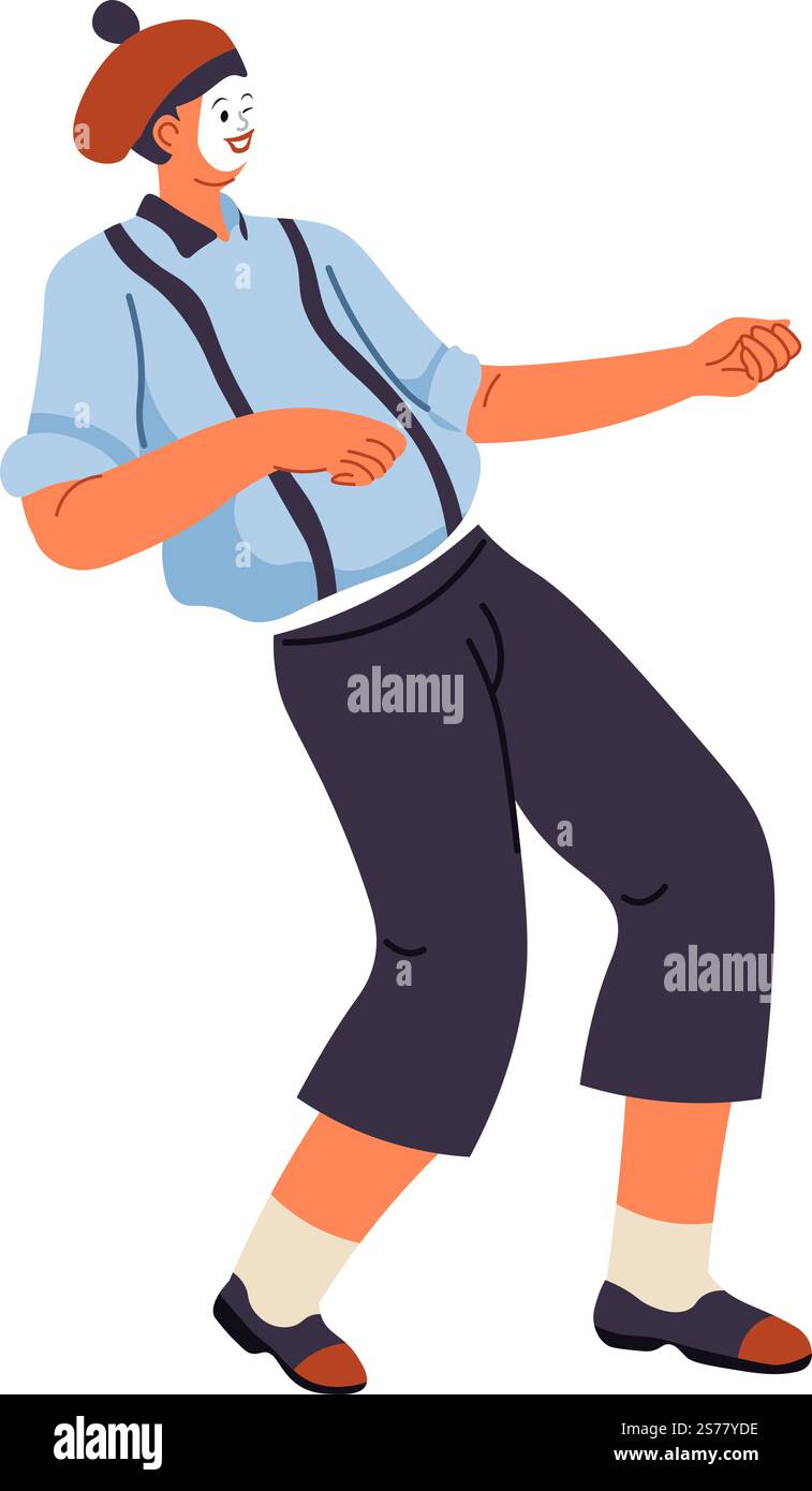 Unterhaltsame Show des MIME-Performers, isolierte männliche Persönlichkeit mit Make-up und französische Baskenmütze, die ausdrückt und posiert. Theatertechnik zum Schauspiel und Spaß. Zeichentrickfigur, Vektor in flachem Stil. Pantomimist, MIME-Darsteller, unterhaltsame Show Stock Vektor