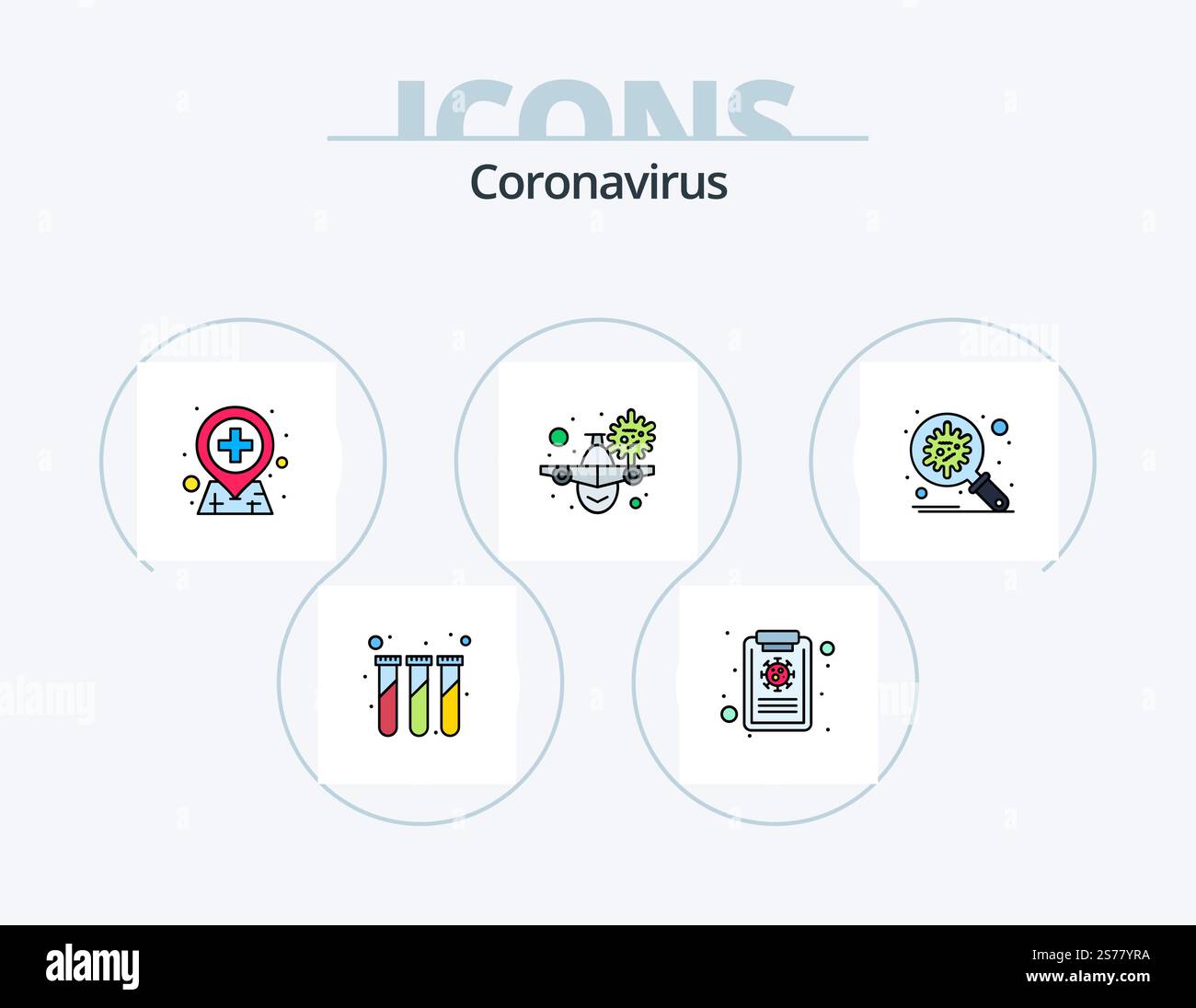 Coronavirus Line Filled Icon Pack 5 Icon Design. Gesundheitswesen. Medizin. Krankheiten. Kapsel. Fieber Stock Vektor