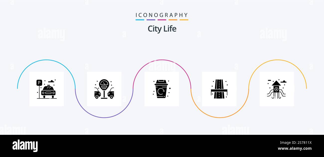 City Life Glyph 5 Icon Pack mit Spielplatz. Stadt. Das Leben. Weg. Das Leben Stock Vektor