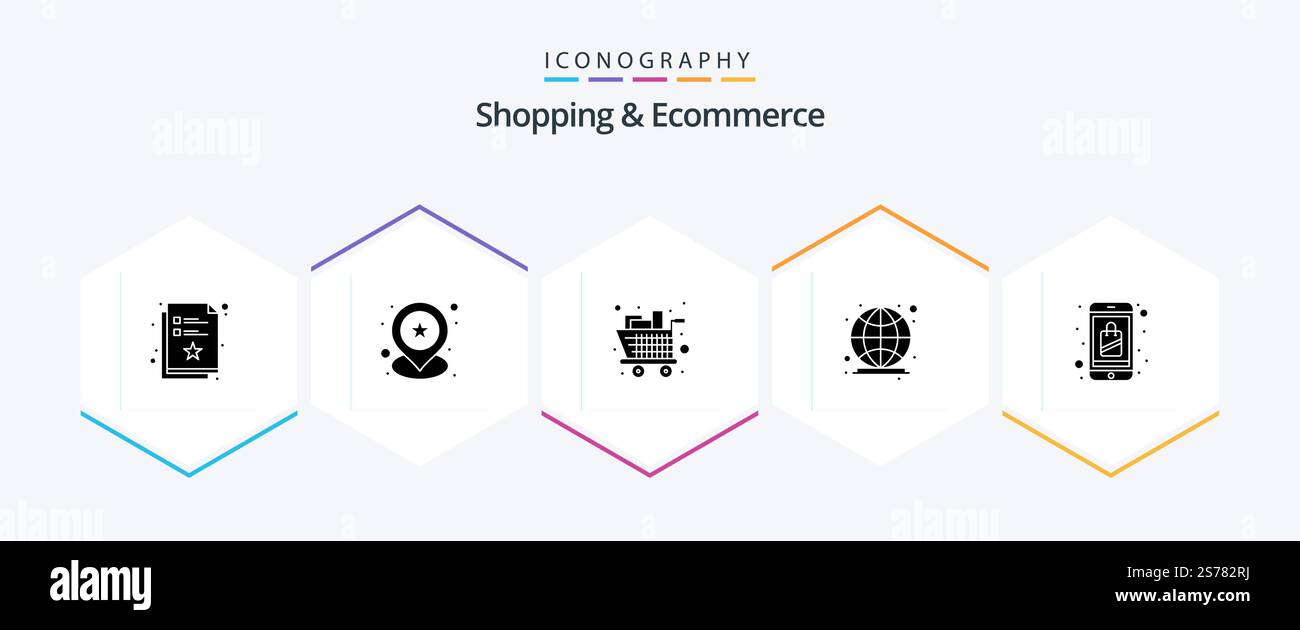 Shopping und E-Commerce 25-Glyph-Symbolpaket einschließlich online. Verbindung. Lebensmittel. internet. Global Stock Vektor