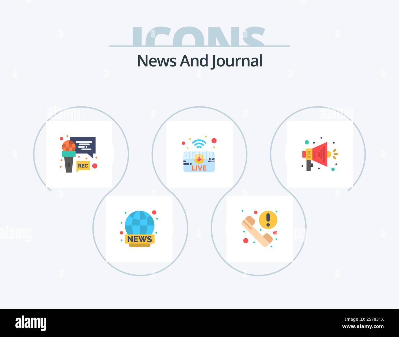 News Flat Icon Pack 5 Icon Design. Megafon. nachrichten. Mikrofon. Leben. u-rohr Stock Vektor
