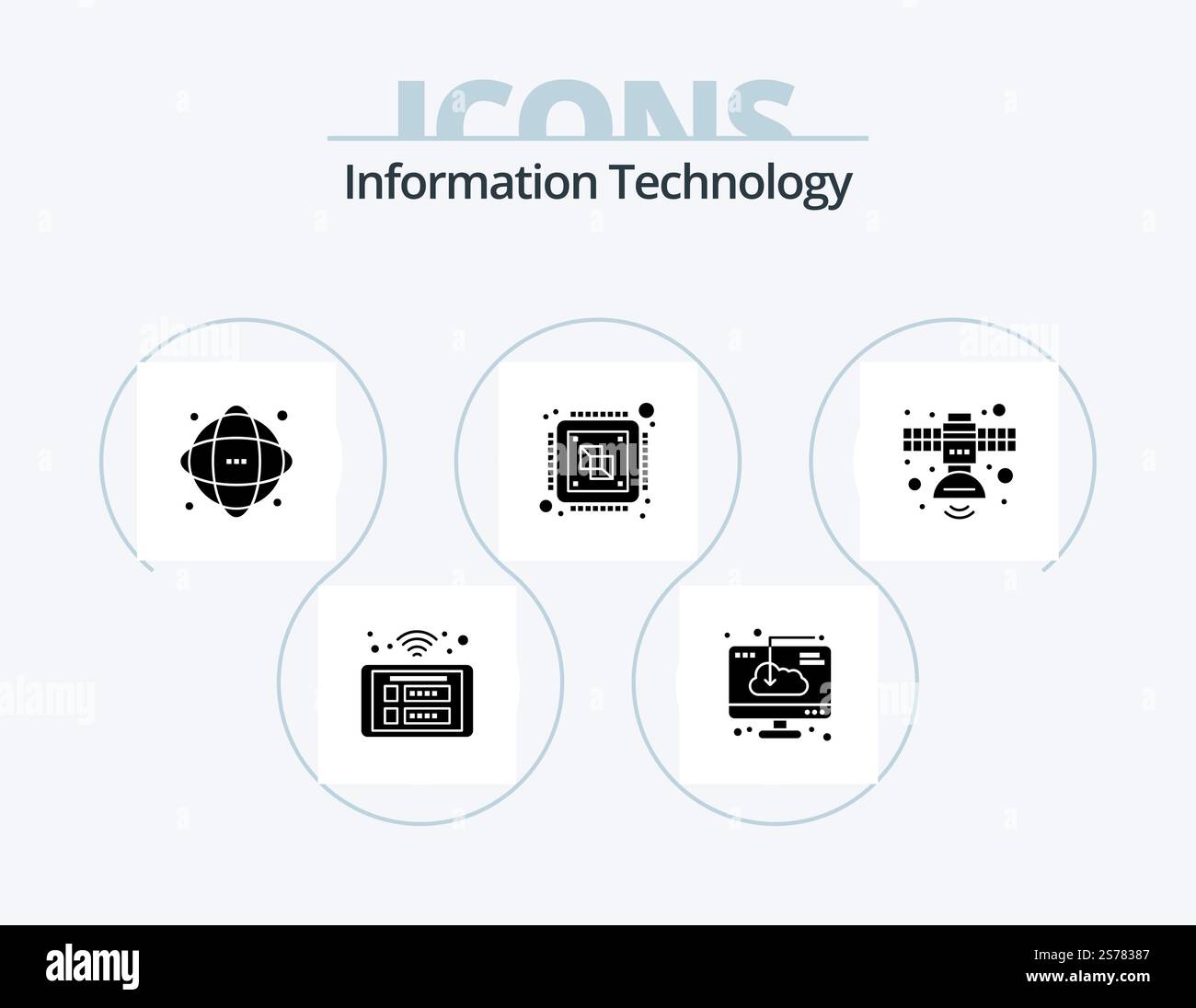 Informationstechnologie Glyphe Icon Pack 5 Icon Design. Computer. Zentral. Installation. Wissenschaft. Informationen Stock Vektor