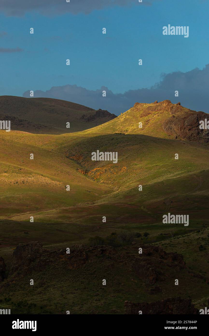 Ein malerischer Blick auf die Ebenen und Graslandschaften von Oregon mit weiten, offenen Feldern und natürlicher Schönheit. Eine ruhige und zeitlose Naturlandschaft. Stockfoto