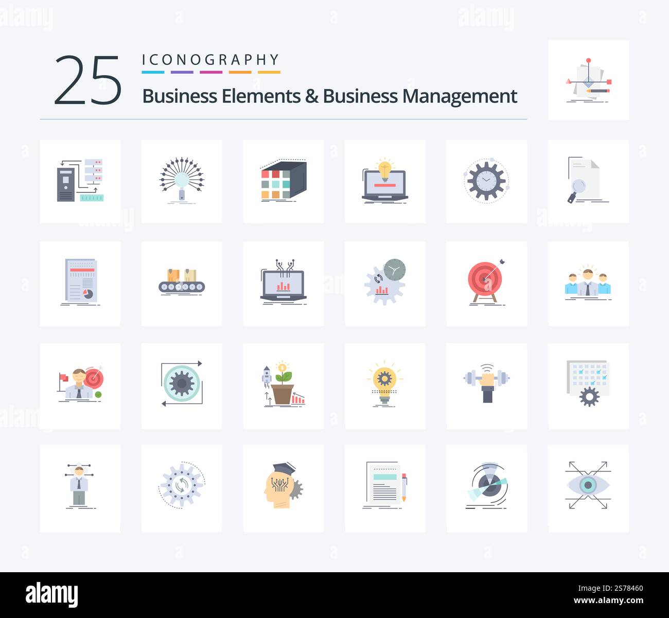 Business Elements und Business Management 25 flaches, farbiges Symbolpaket mit Idee. Notebook. Netzwerk. Matrix. würfel Stock Vektor