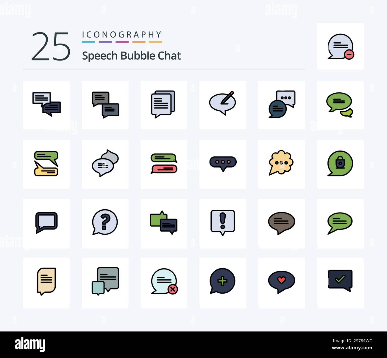 Chat 25 – Symbolpaket mit Zeile, einschließlich Chat. Chatten. Chatten. Blase. Nachrichten Stock Vektor