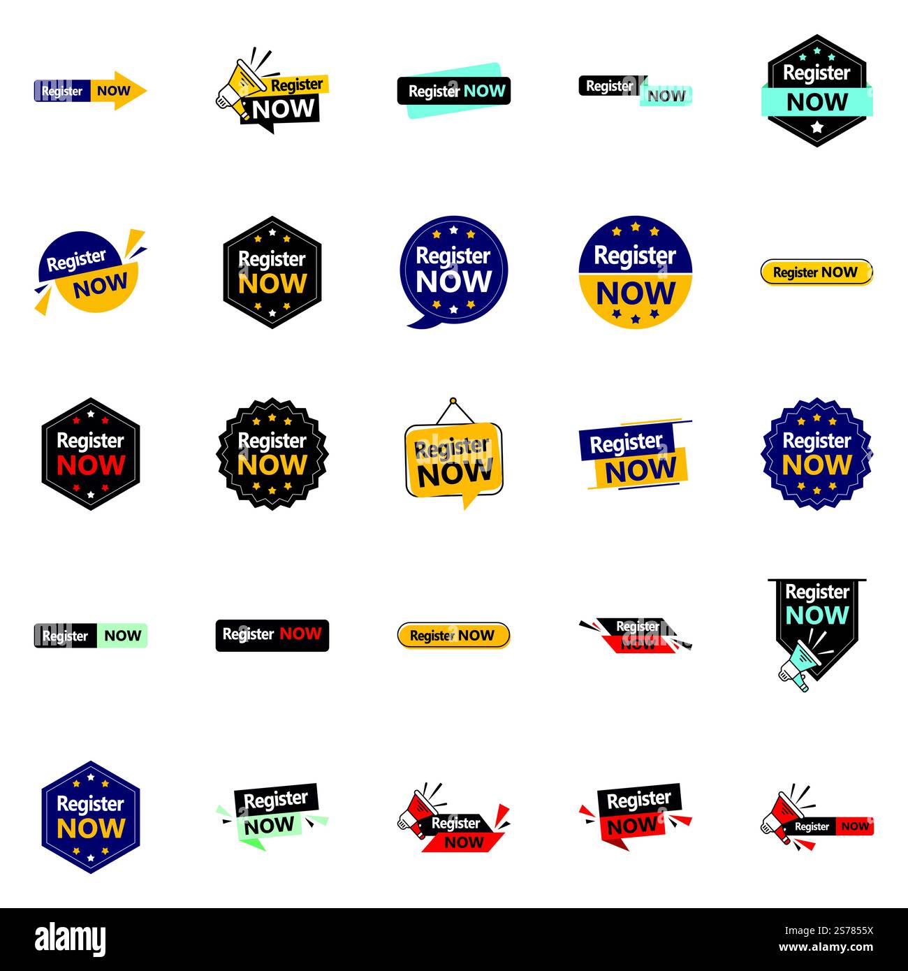Registrieren Sie sich jetzt für 25 hochwertige typografische Elemente, um Anmeldungen zu fördern Stock Vektor