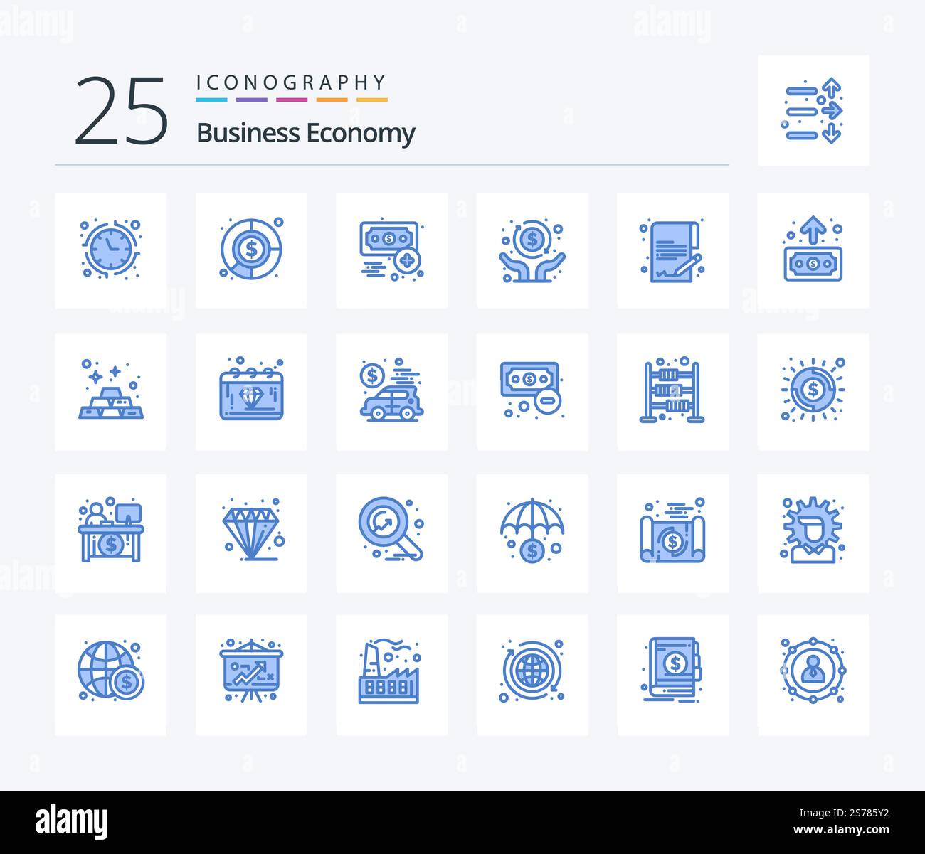 Economy 25 Blau Symbolpaket mit Geld. Dokument. Wirtschaft. Unabhängigkeit. Wirtschaft Stock Vektor