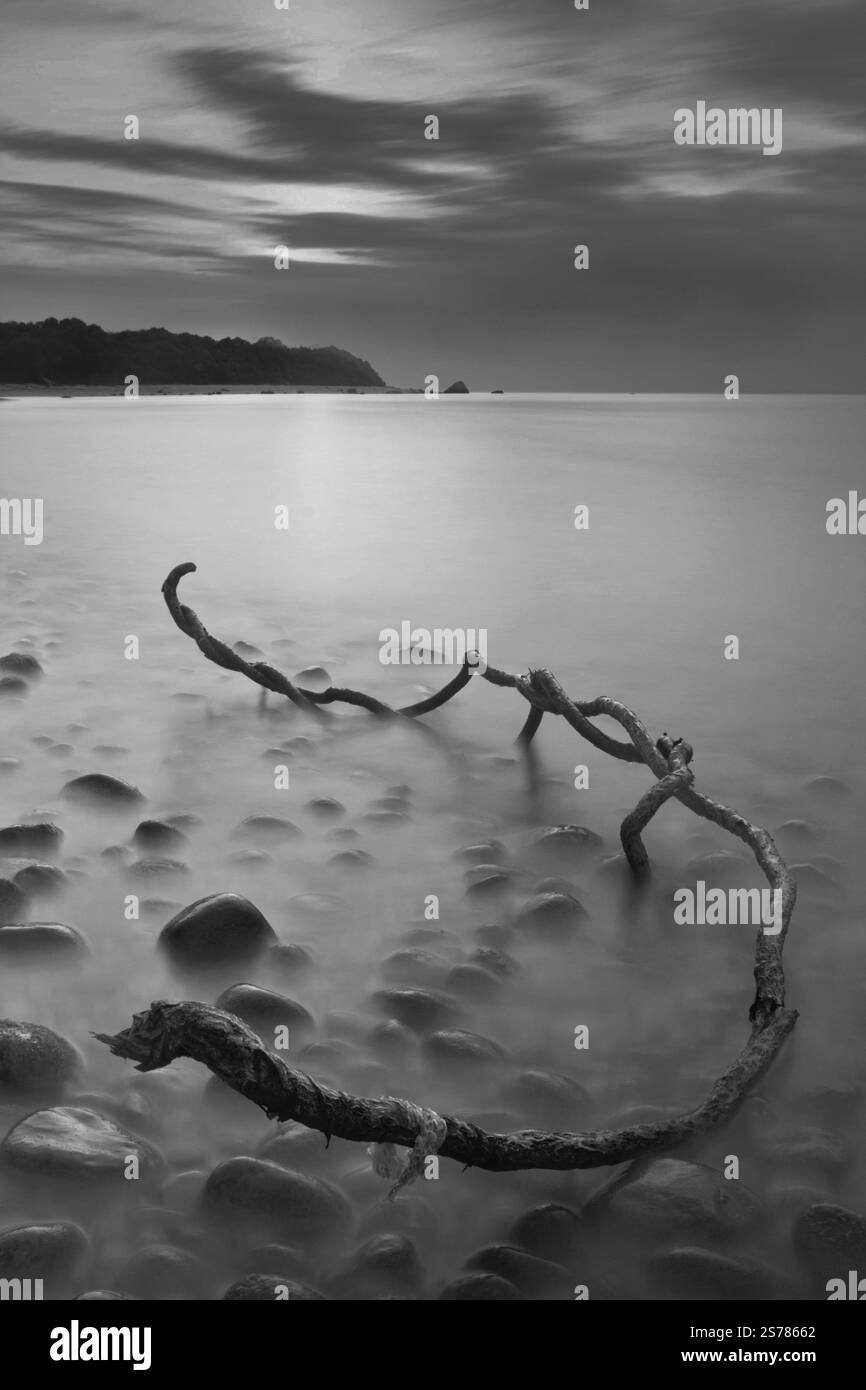 Eine schwarz-weiße Meereslandschaft von Long Island, New York, mit Wasserbewegungen um zerklüftete Felsen, die an eine ruhige und dennoch dynamische Küstenszene erinnern. Stockfoto