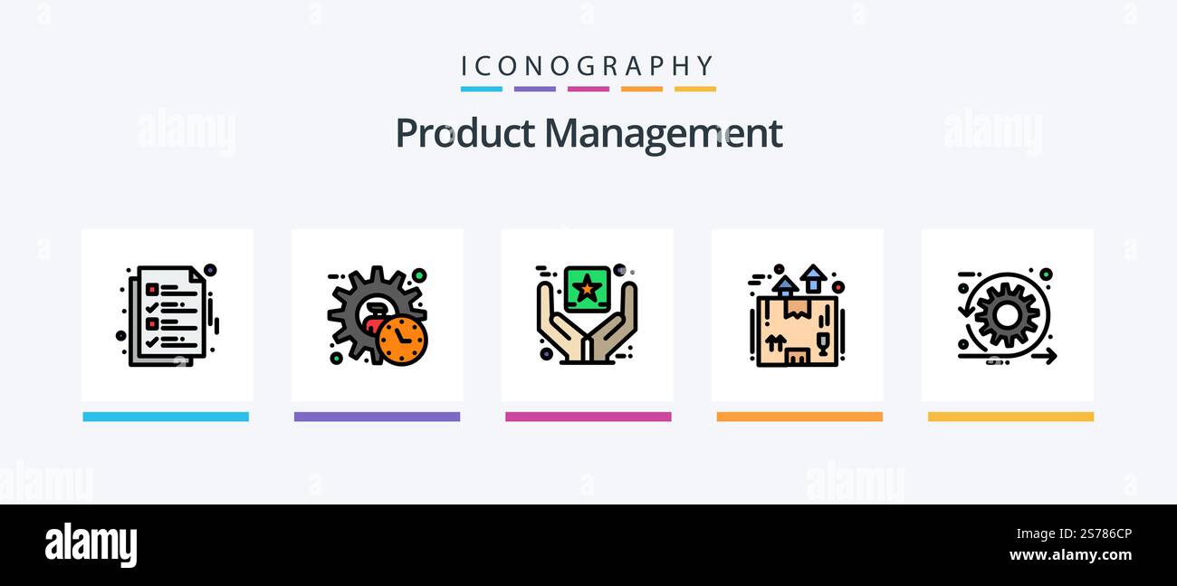 Product Management Line gefüllt 5 Symbolpaket mit Zeit. scrum. seo. Entwicklung. Ziel. Kreatives Symboldesign Stock Vektor