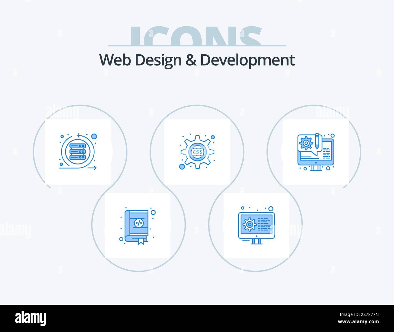 Webdesign Und -Entwicklung Blue Icon Pack 5 Icon Design. css-Zahnrad. COG. Einstellungen. Kaskadierend. Sprint Stock Vektor