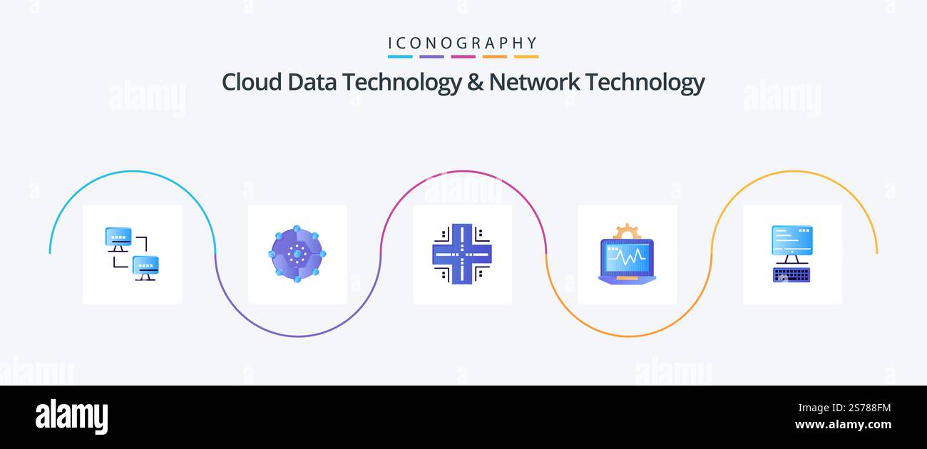 Cloud Data Technology und Network Technology Flat 5 Icon Pack, einschließlich Computing. Computer. Teilen. Notebook. Großrechner Stock Vektor