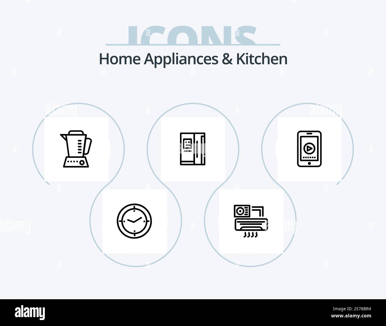 Haushaltsgeräte Und Küchenzeile Icon Pack 5 Icon Design. Trockner. Eisen. Sender wiedergeben. Nach Hause. Zimmer Stock Vektor