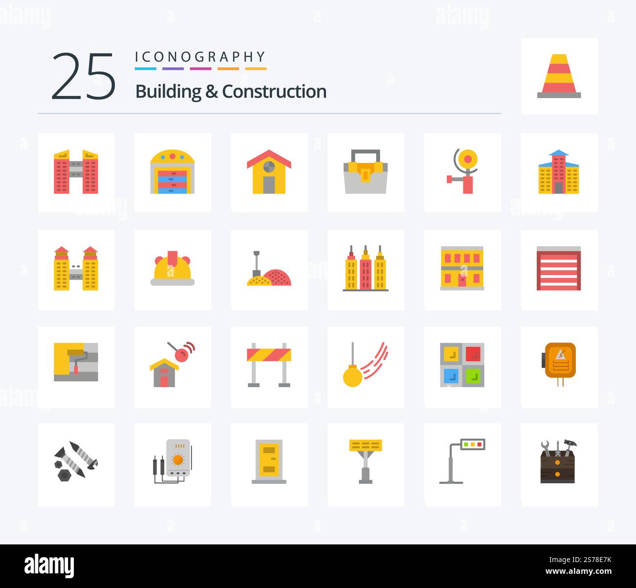 Building and Construction 25 – flaches Symbolpaket mit Bauteilen. Stadt. Baugewerbe. Gebäude. Schleifer Stock Vektor