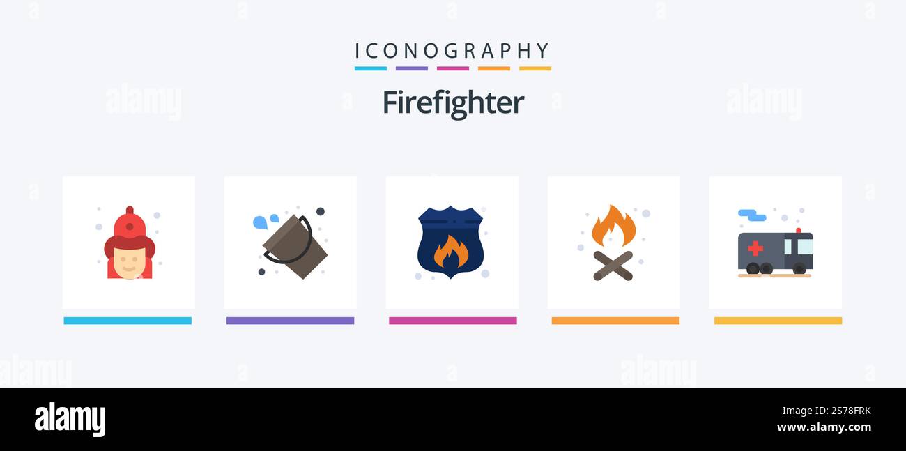 Firefighter Flat 5 Icon Pack inklusive Feuer. Feuerstelle. Werkzeug. Feuer! Feuer! Kreatives Symboldesign Stock Vektor