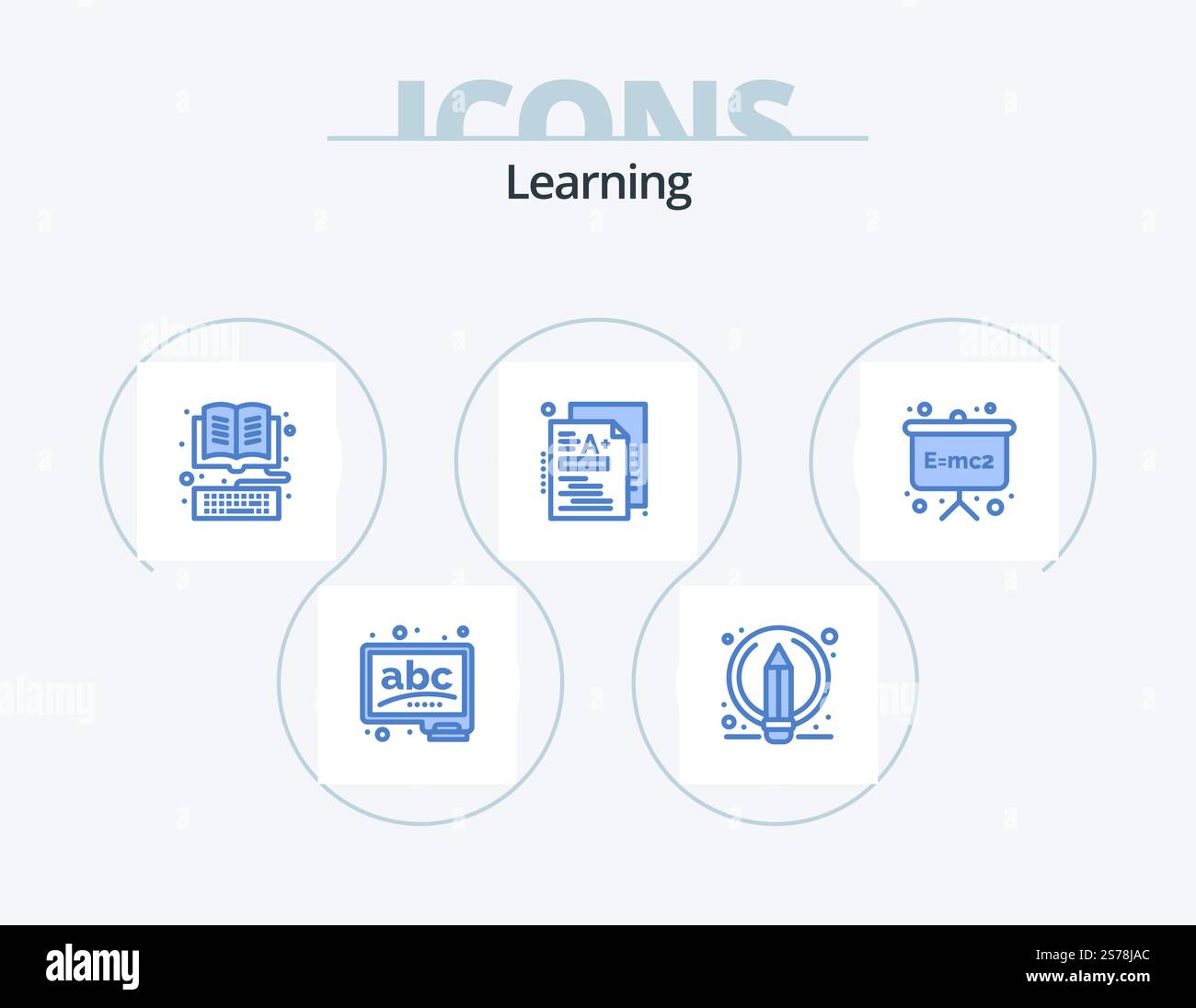 Lernspaß Blue Icon Pack 5 Icon Design. Brett. Klasse. Buch. A+. Online Stock Vektor