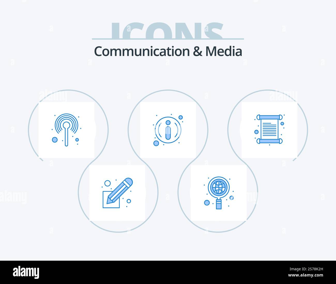Kommunikation Und Medien Blue Icon Pack 5 Icon Design. Einladung. Informationen. Antenne. Info. Steh auf Stock Vektor
