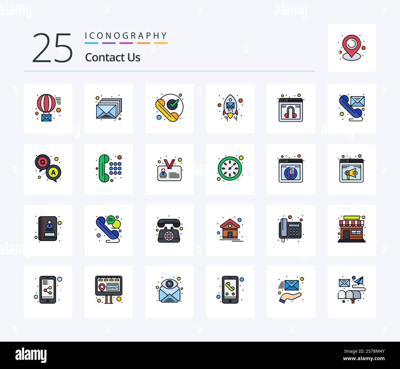Kontaktieren Sie uns 25 Reihe ausgefülltes Symbolpaket einschließlich Chat. Rakete. Ruf an. Umschlag. Empfangen Stock Vektor