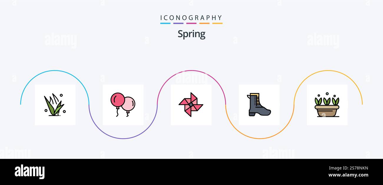 Spring Line Filled Flat 5 Symbolpaket mit Feder. Blatt. Wind. Wachstum. Schuh Stock Vektor