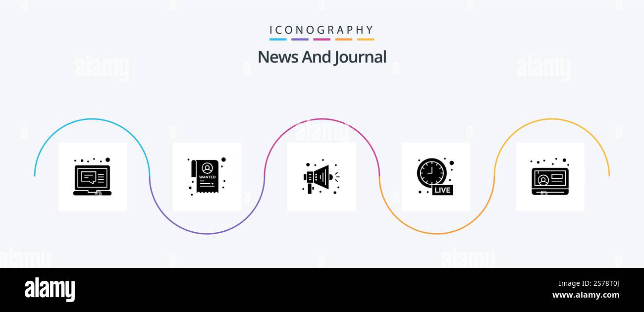 News Glyph 5 Icon Pack inklusive youtube. Spielen. Megafon. nachrichten. Zeit Stock Vektor