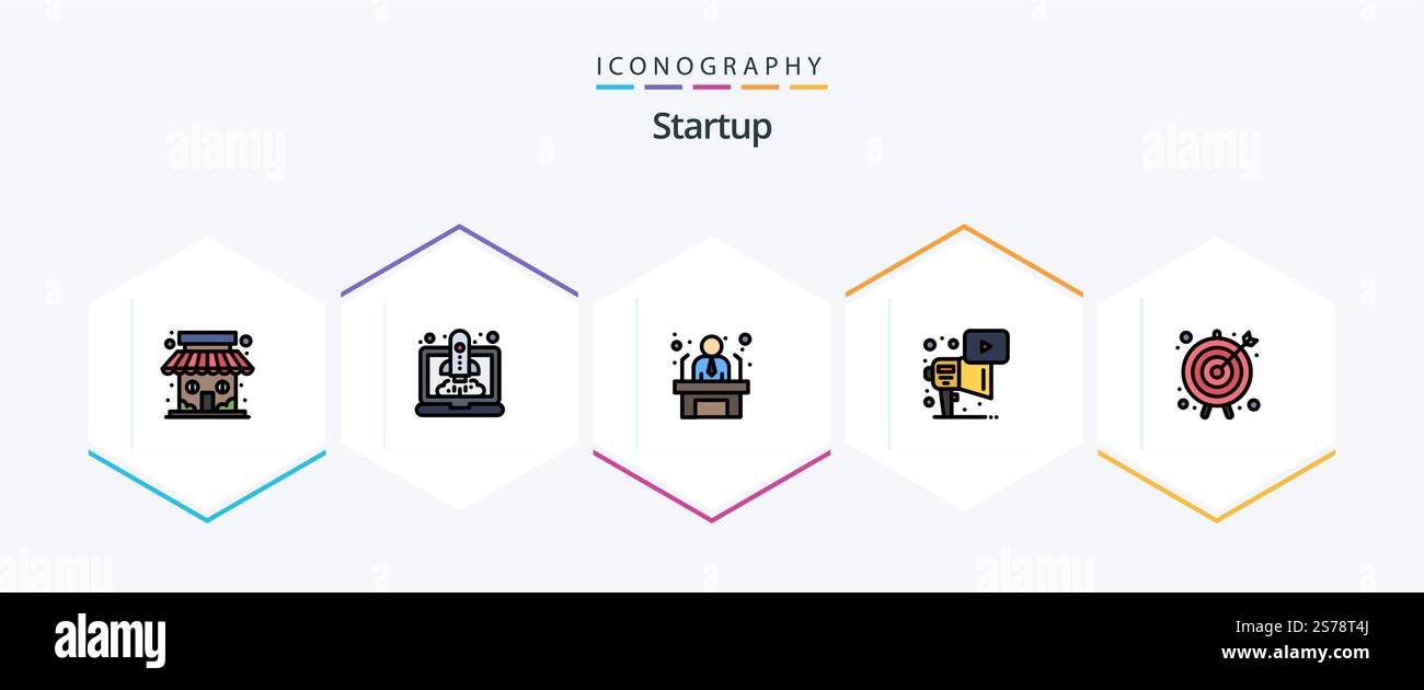Startup 25 FilledLine Symbolpaket mit Ziel. Spielen. Bewerber. Megafon. Werbung Stock Vektor