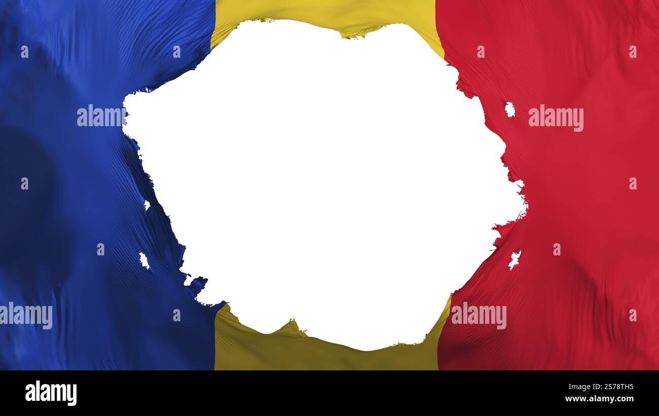 Gebrochene rumänische Flagge, weißer Hintergrund, 3D-Rendering Stockfoto
