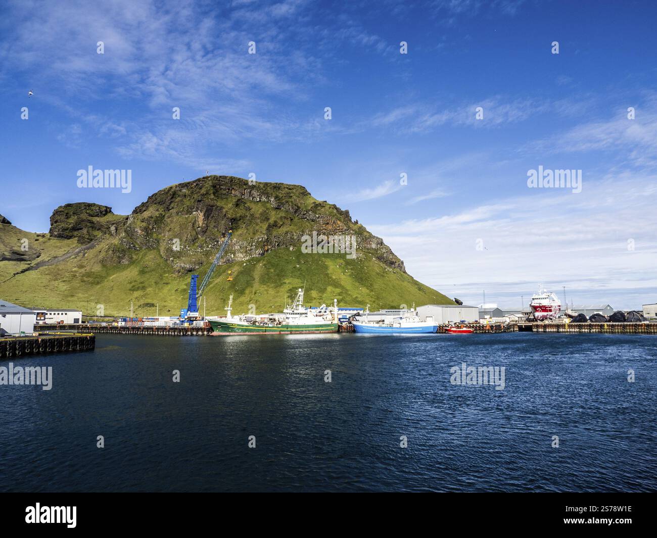 Trawler und Fischerboote im Hafen, Heimaey, Westman Islands, Island, Europa Stockfoto
