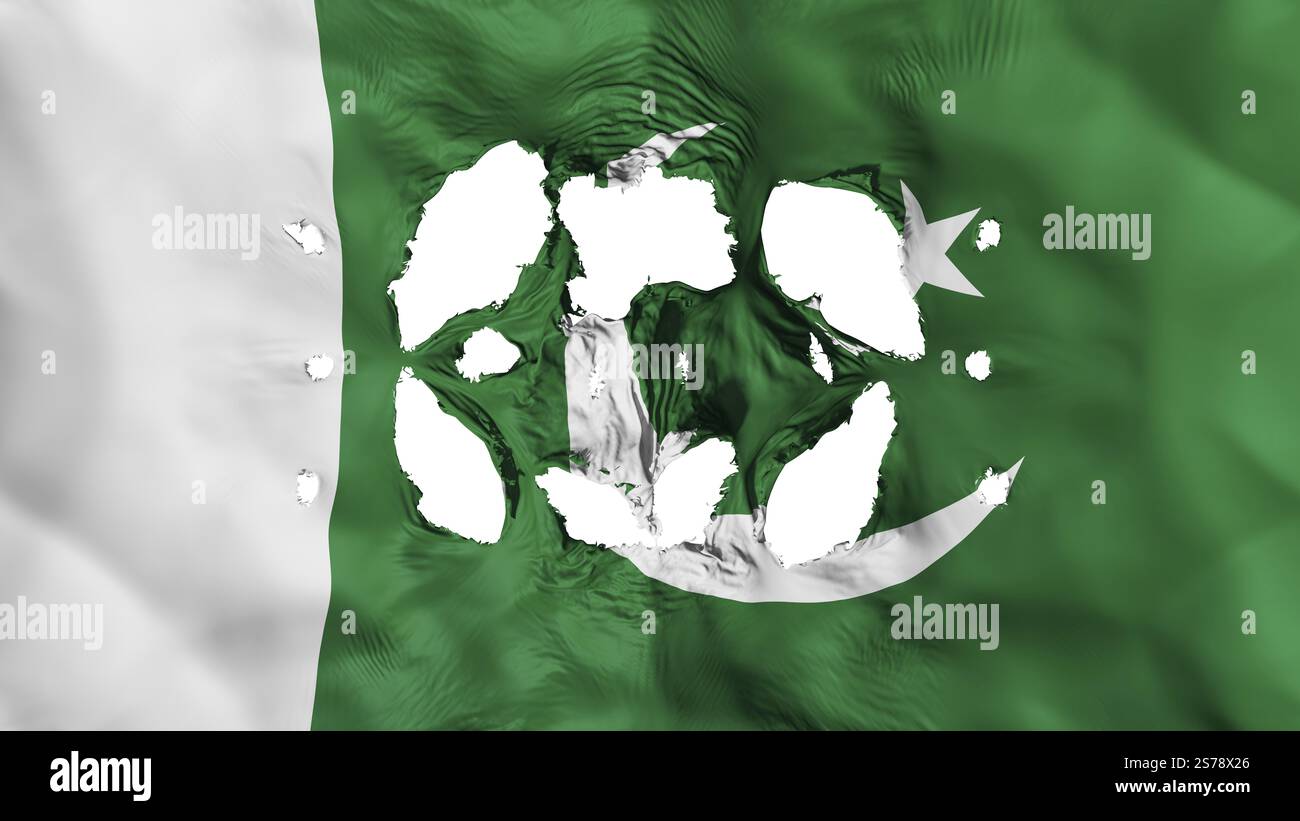 Löcher in der pakistanischen Flagge, weißer Hintergrund, 3D-Rendering Stockfoto