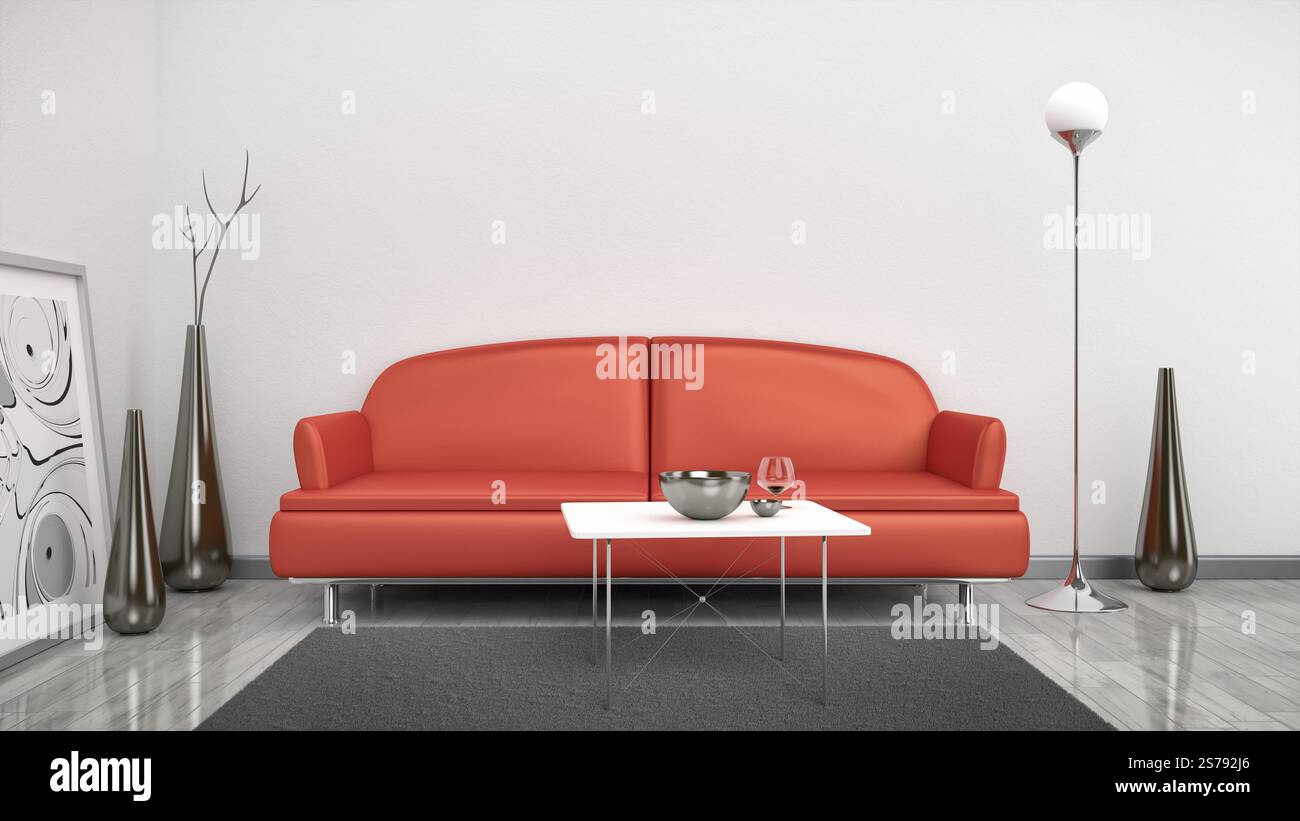 3D-Rendering-Bild eines roten Sofas in einem weißen Raum mit Platz für Ihre Inhalte Stockfoto