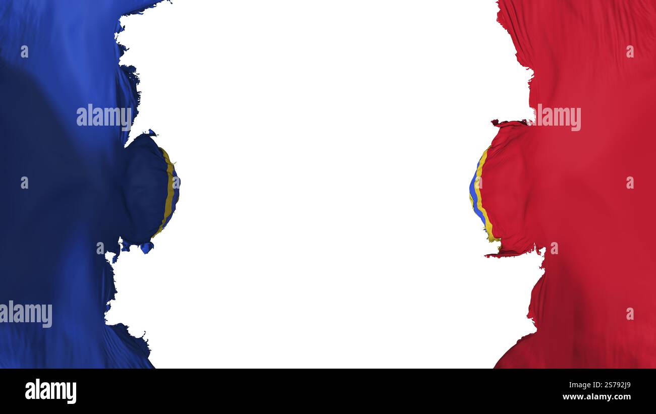 In die Luft gesprengt Bukarest, Hauptstadt der rumänischen Flagge, vor weißem Hintergrund, 3D-Darstellung Stockfoto