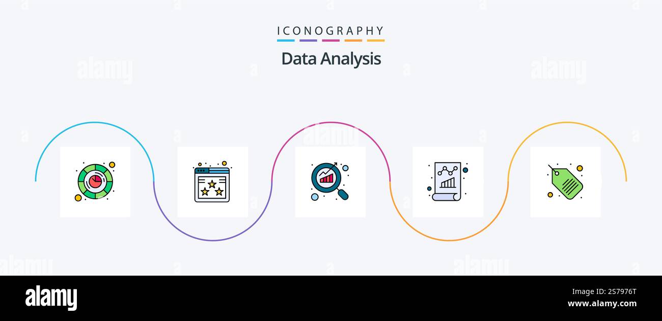 Datenanalyse - Line Filled Flat 5 Symbolpaket mit Beschriftung. Überwachung. Bericht. Daten. Dokument Stock Vektor