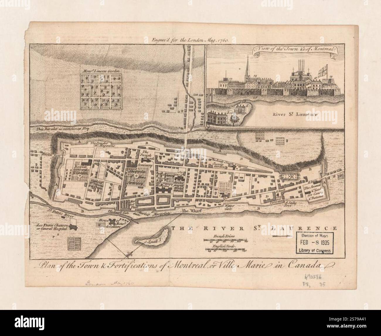Plan der Stadt und Befestigungsanlagen von Montreal oder Ville Marie in Kanada 1760 Stockfoto