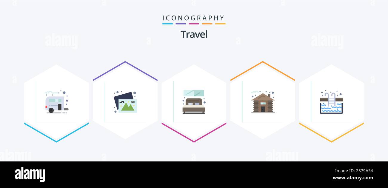 Travel 25 Flat Icon Pack mit Treppen. Baum. Bett. Achtung. Wald Stock Vektor