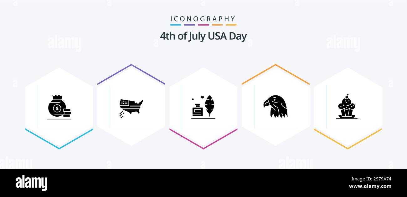 USA 25 Glyph Icon Pack inklusive Dessert. usa. adobe. adler. Ein Tier Stock Vektor