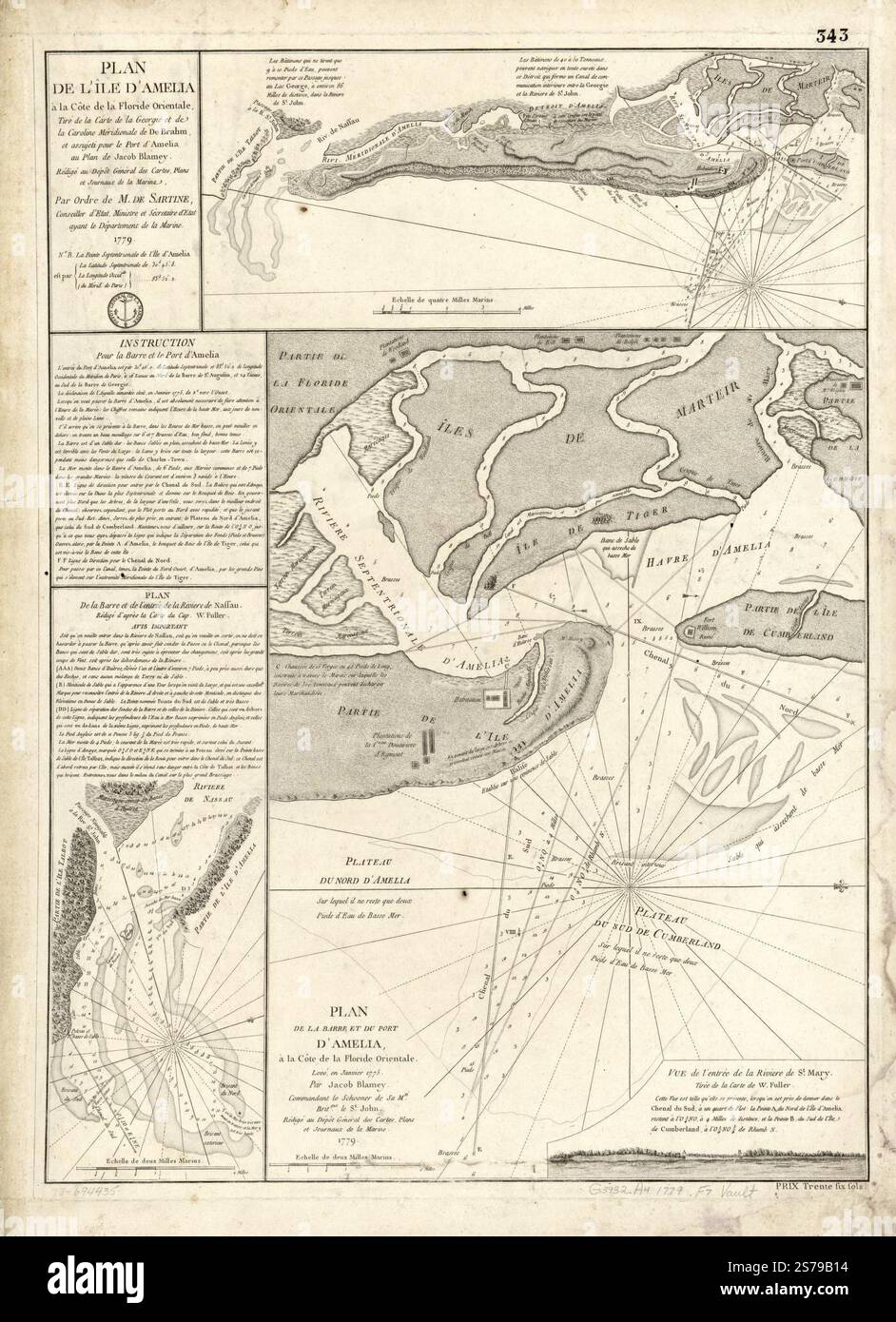 Plan de l'île d'Amelia à la Côte de la Floride orientale, tiré de la carte de la Georgie et de la Caroline méridionale de de Brahm, et assujeti pour le Port de l'entrée de la riviere de Nassau, rédigé d'après la carte du W. Fuller. Plan de la Barre et du Port d'Amelia, à la Côte de la Floride orientale, levé en janvier 1775, Par Jacob Blamey. 1779 von Frankreich. Dépôt des cartes et Plans de la Marine., de Brahm John Gerar William, Blamey Jacob., Fuller William, Sartine Antoine de Stockfoto