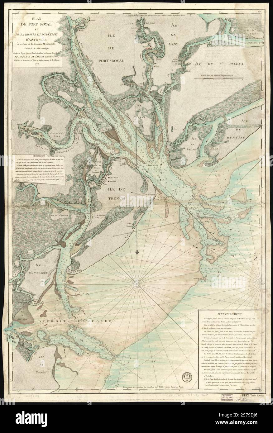 Plan de Port Royal et de la rivière et du détroit d'Awfoskée à la Côte de la Caroline méridionale. 1778 von Gascoigne John., Sartine Antoine de, Petit Sculp., Frankreich. Dépôt des cartes et plans de la Marine. Stockfoto