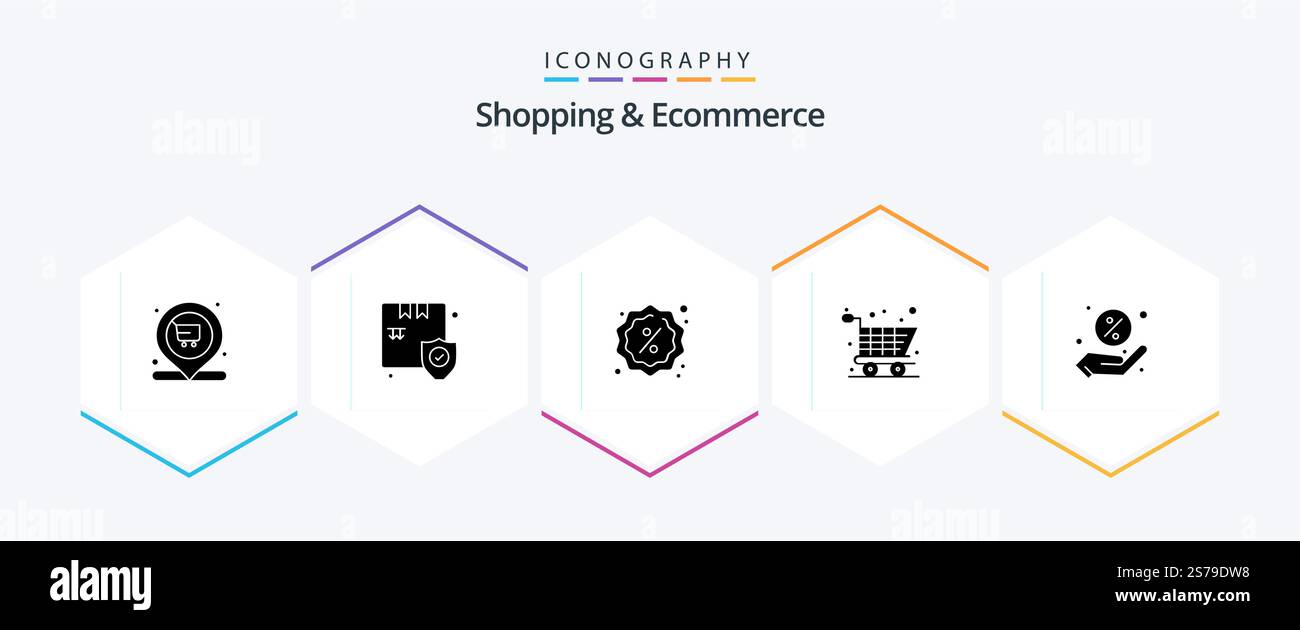 Shopping und E-Commerce 25 Glyph Icon Pack einschließlich Shopping. Rabatt. Dienstmarke. Einkaufen. Gerätewagen Stock Vektor