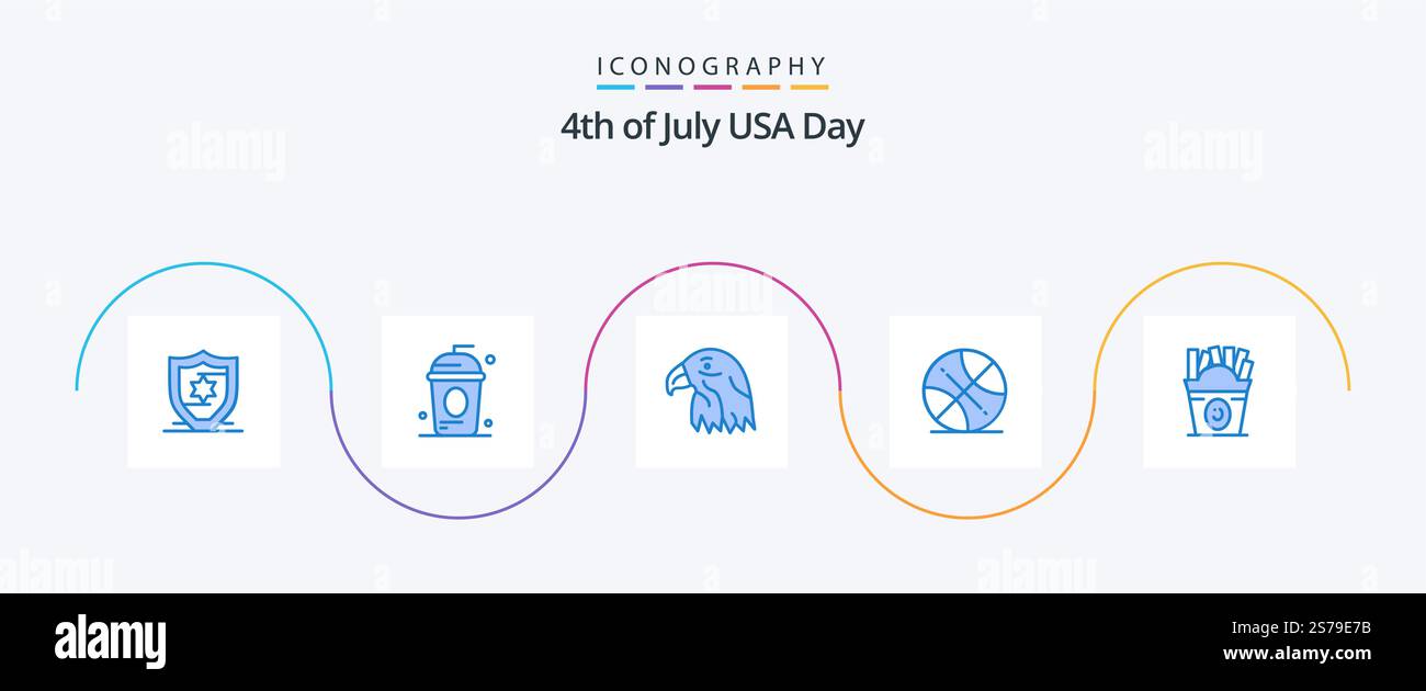 USA Blue 5 Icon Pack inklusive Fastfood. usa. Ein Tier. Sport. Backetball Stock Vektor