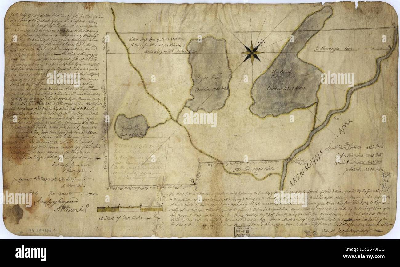 Der oben genannte Plan ist eine Beschreibung eines neuen Townships mit einer Menge von 7,5 km Land & Wasser, die vom Gericht den Eigentümern von Bakerstown so Call'd, Lying & Being im County Cumberland ... Deld gewährt wurde. In Falmouth, 4. September 1765. 1765 von Noyes Joseph Stockfoto