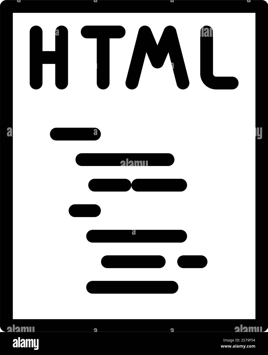 html-Dateiformat - Symbolvektor für Dokumentzeilen. Dokument-Signatur im html-Dateiformat. Schwarze Abbildung des isolierten Kontursymbols. html-Dateiformat Dokumentzeilen-Symbol-Vektorillustration Stock Vektor