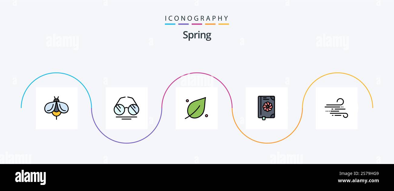 Spring Line Filled Flat 5 Icon Pack inklusive Wetter. Frühling. Ökologie. Text. Buch Stock Vektor