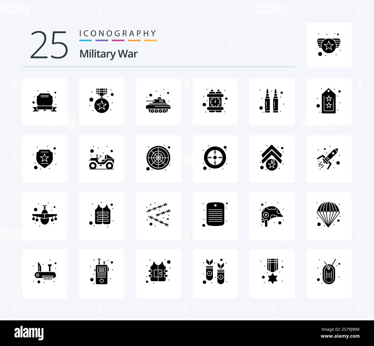 Military war 25 Solid Glyph Icon Pack mit Pistole. Militärpanzer. Zeitbombe. Verbrechen Stock Vektor