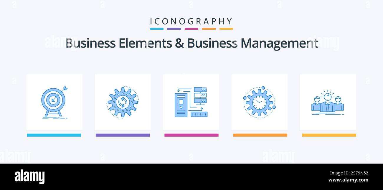 Business Elements und Business Management Blue 5 Icon Pack inklusive Verarbeitung. Effizienz. Aufgabe. Informationen. Datenbank. Kreatives Symboldesign Stock Vektor