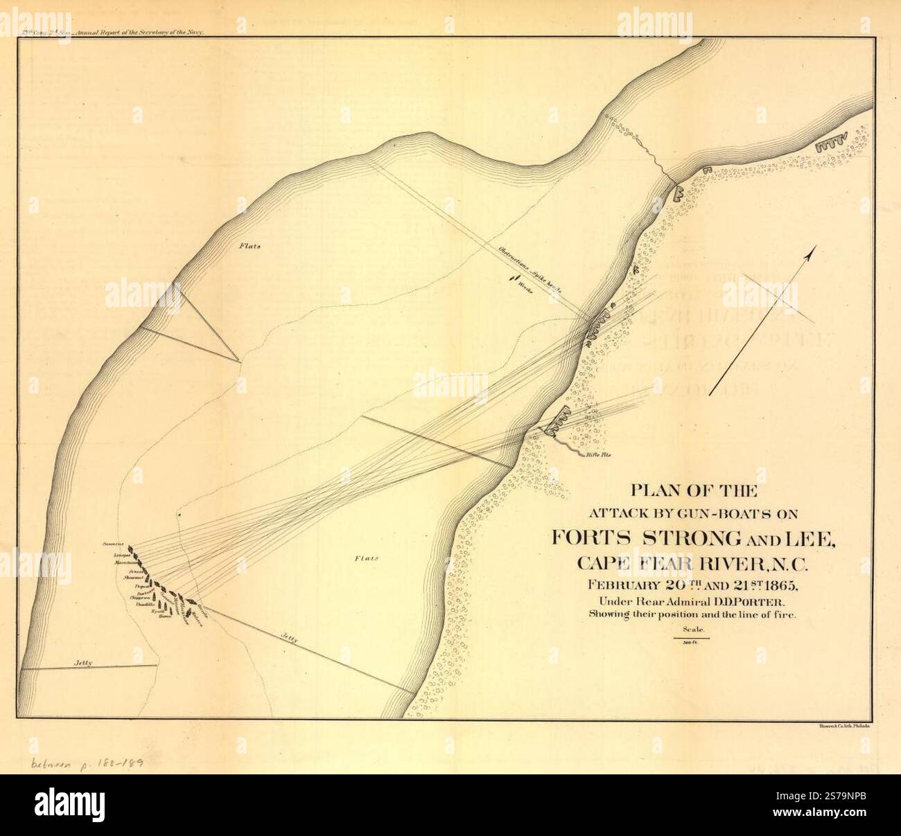 Plan des Angriffs von Kanonenbooten auf Forts Strong und Lee, Cape Fear River, N.C. 20. Und 21. Februar 1865 1865 durch die Vereinigten Staaten. Marineblau Stockfoto